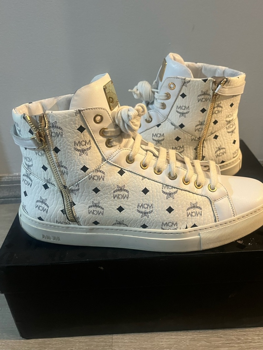 MCM Turnlock Style Classic Visetos High Top White with Gold Zippers
